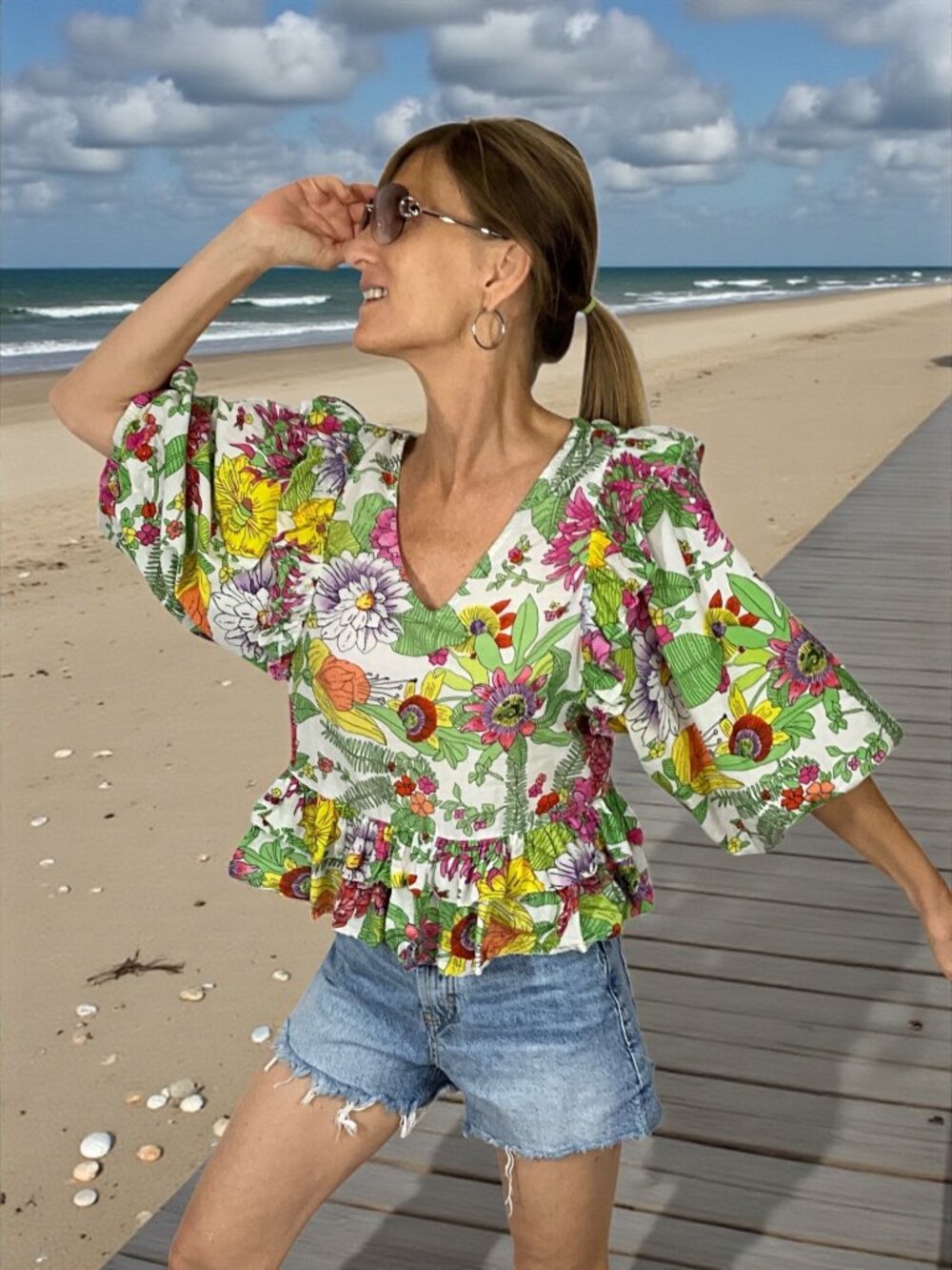 Love The Label Mitzie Ruffle Blouse S Floral Puff Sleeve Peplum Cotton